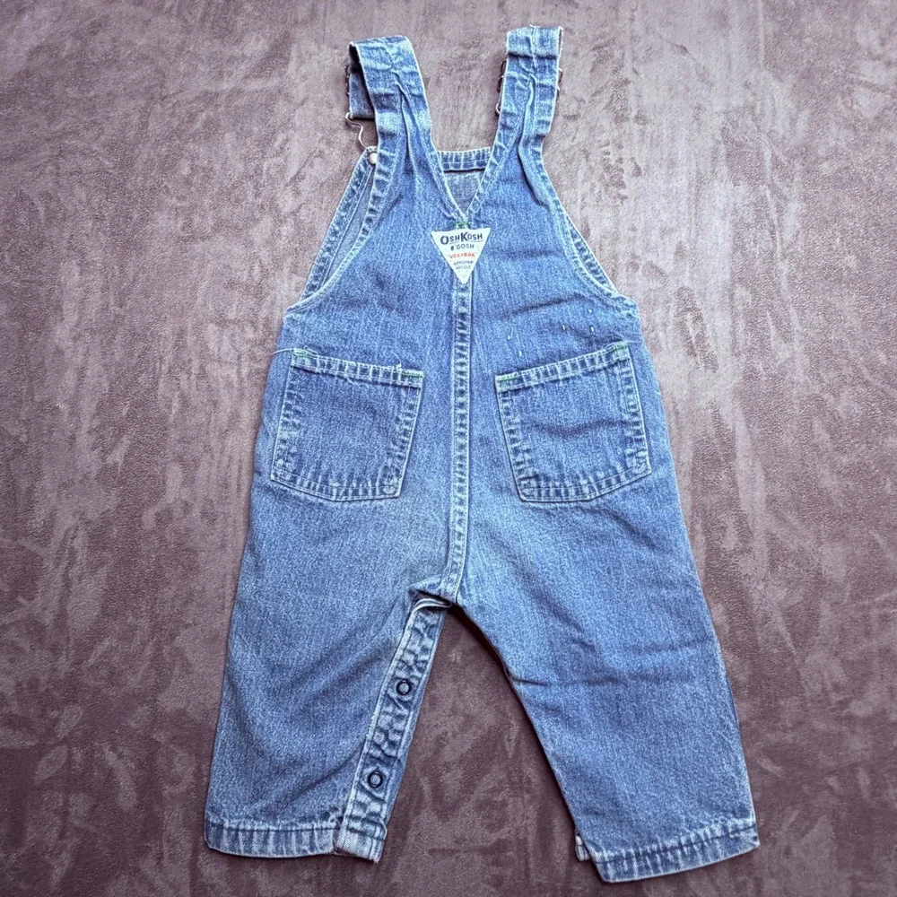 Vintage OshKosh B'Gosh Overalls Unisex Toddler 18M Blue Denim Romper Vestbak USA